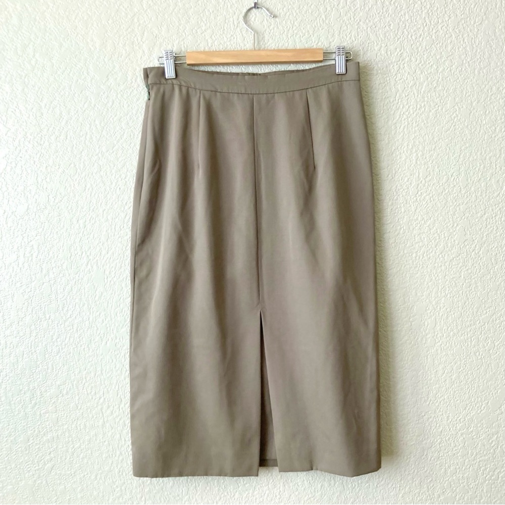 Burberry Pencil Skirt Vintage Khaki Tan Front Pleat Knee Midi Size 10 Long